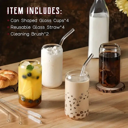 Can shaped glass drinking glasses set with straws – kitchen drinkware