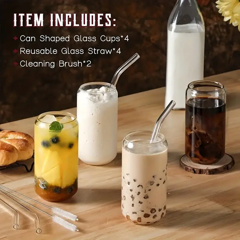 Can shaped glass drinking glasses set with straws – kitchen drinkware