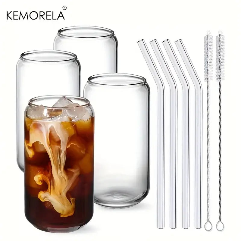 Can shaped glass drinking glasses set with straws – kitchen drinkware