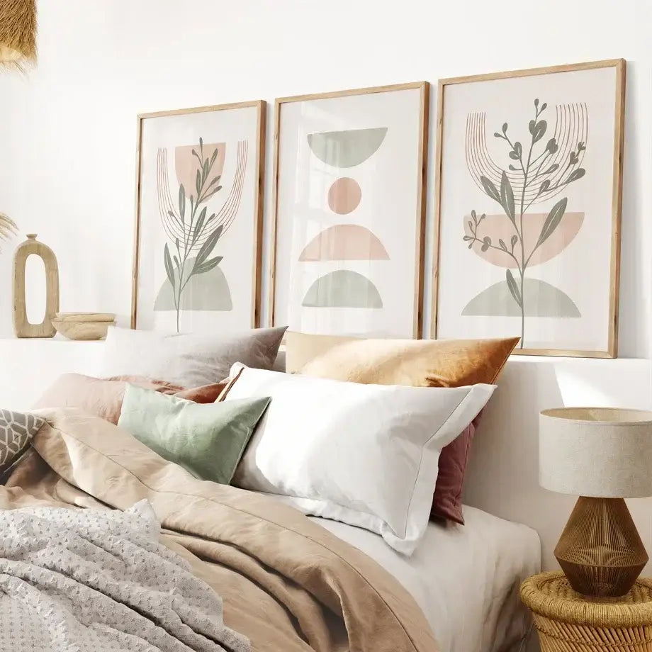 Minimalist muted earth tone abstract botanical canvas wall art bedroom