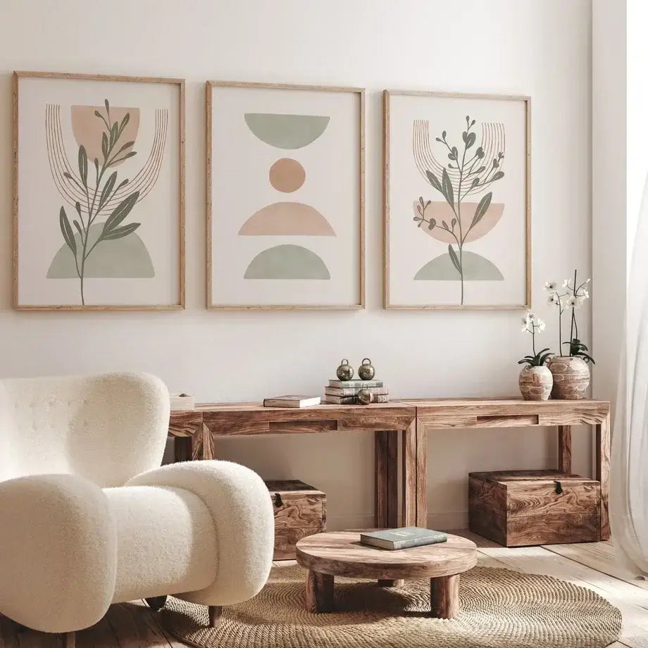 Minimalist muted earth tone abstract botanical canvas wall art bedroom