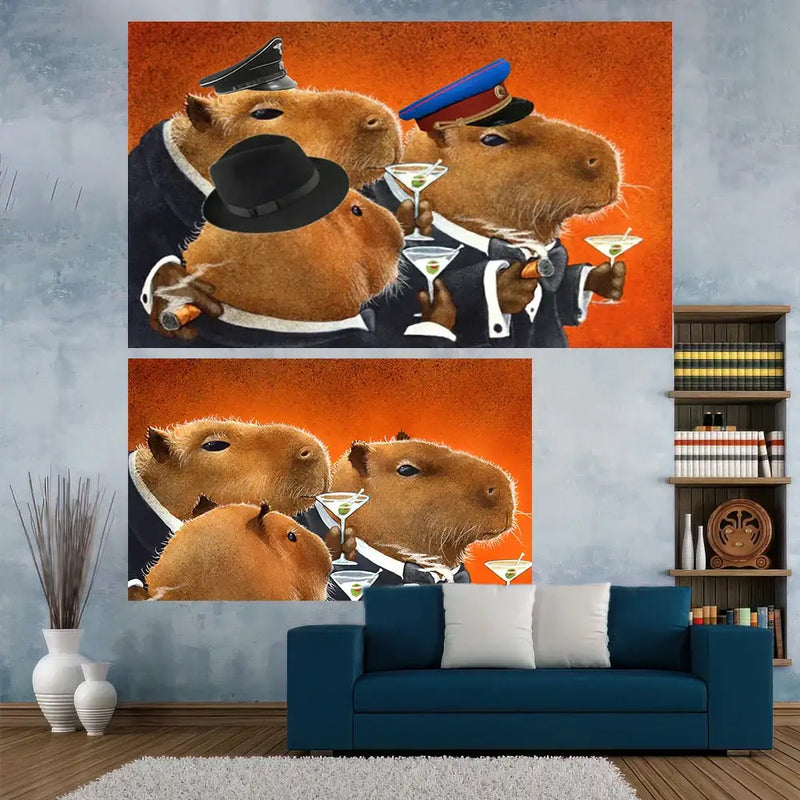 Capybara club humor orange martini tapestry bedroom wall decor