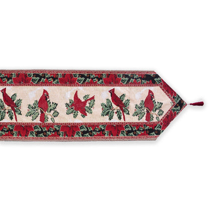 Cardinal, Mistletoe Poinsettia Christmas Tablecloth Holiday Runner 77 Inches