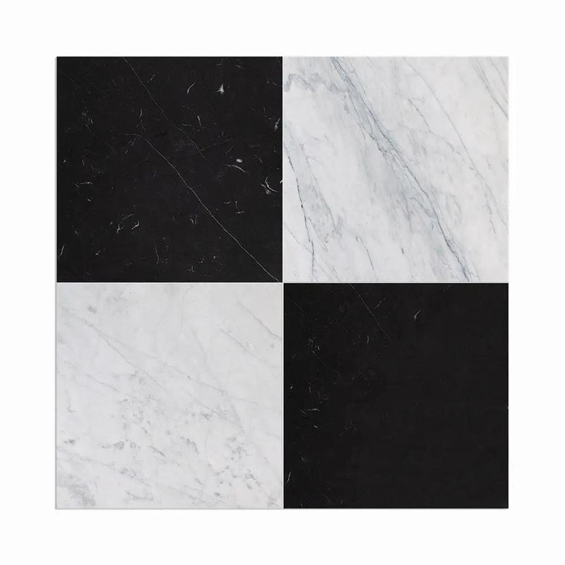 Black, Carrara T Honed Checkerboard Pattern Marble Tiles 12x12