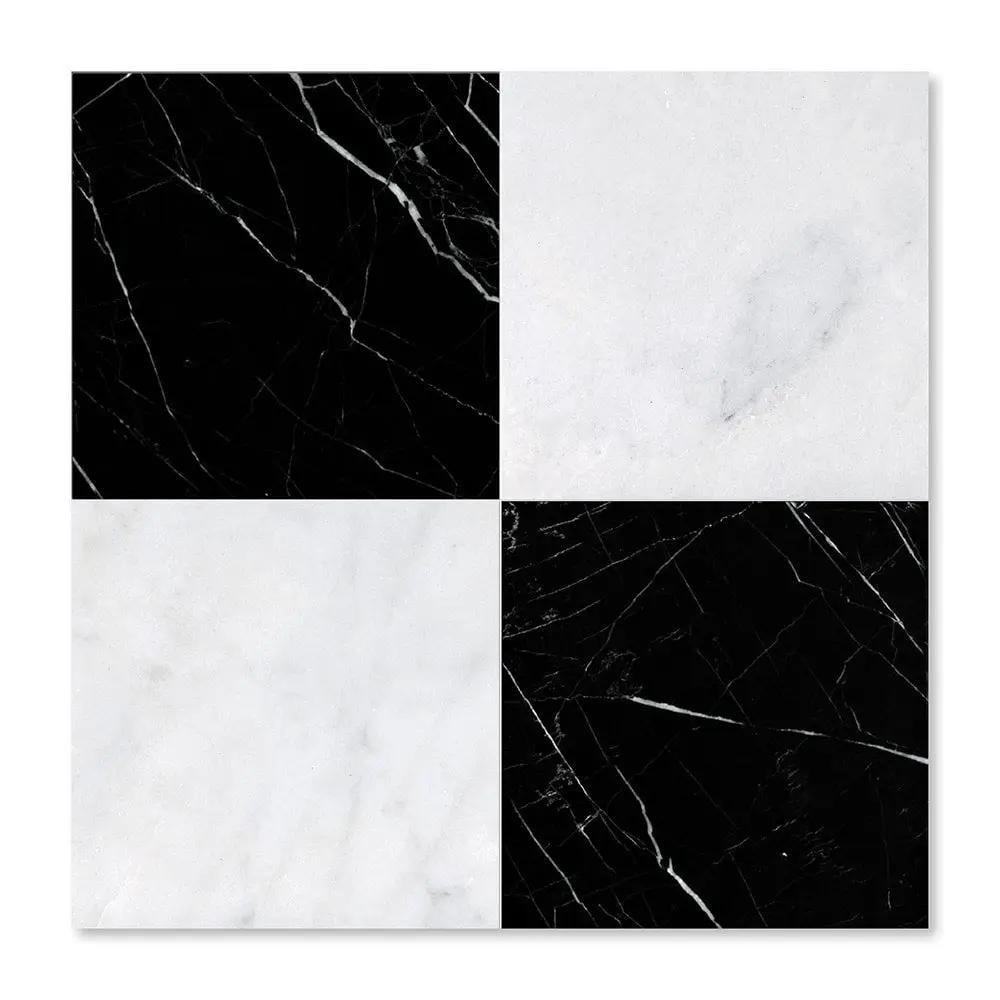 Black, Carrara T Polished Checkerboard Pattern Marble Tiles 12x12