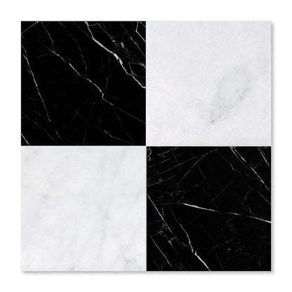 Black, Carrara T Polished Checkerboard Pattern Marble Tiles 12x12