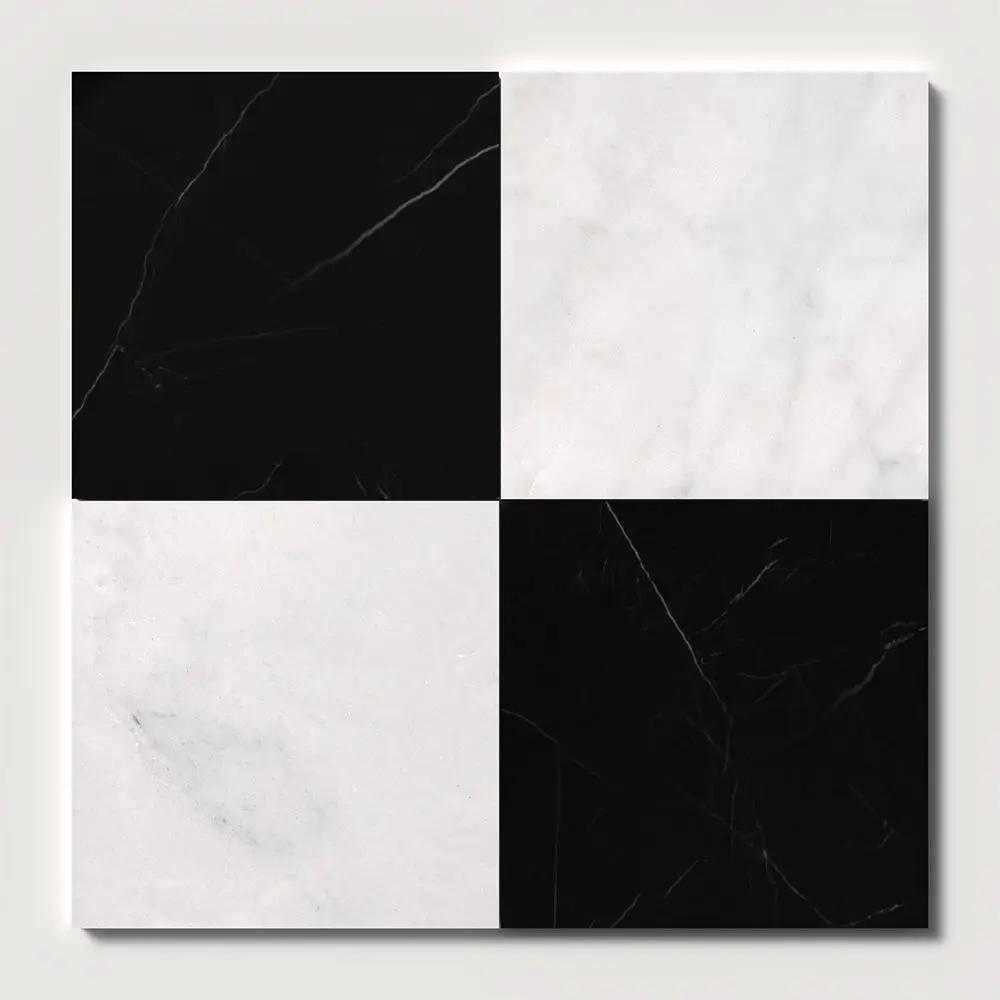 Black, Carrara T Polished Checkerboard Pattern Marble Tiles 18x18