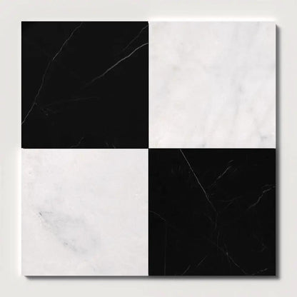Black, Carrara T Polished Checkerboard Pattern Marble Tiles 18x18