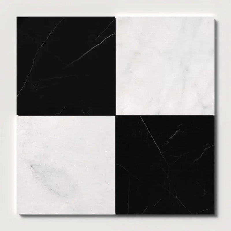 Black, Carrara T Polished Checkerboard Pattern Marble Tiles 18x18