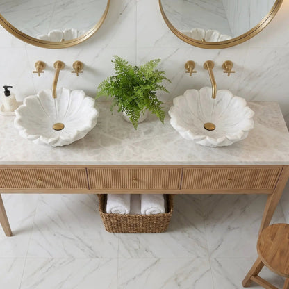 Flower Shaped Carrara White Marble Vessel Bathroom Sink, Polished 18 Inch