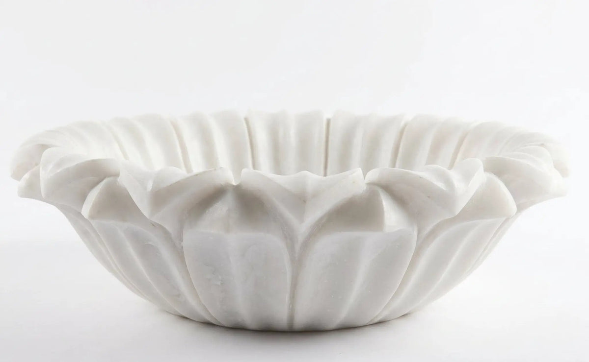 Flower Shaped Carrara White Marble Vessel Bathroom Sink, Polished 18 Inch