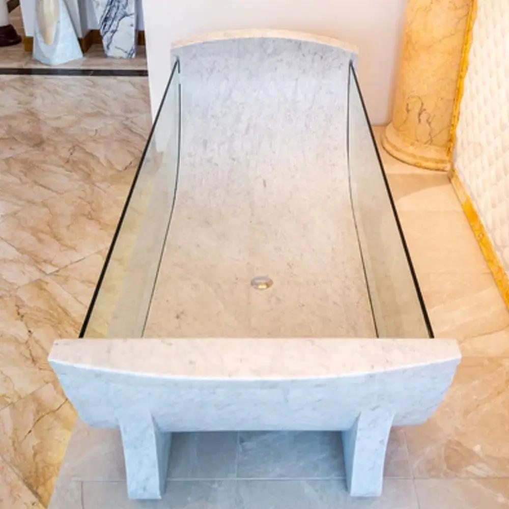 Carrara White Marble Bathtub Polished Tempered Glass Walls 32x79
