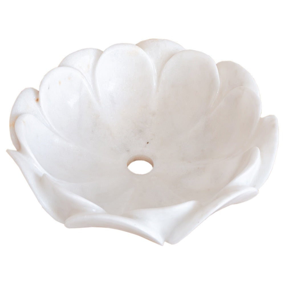 Carrara White Marble Flower Shaped Polished Vessel Sink - 17in