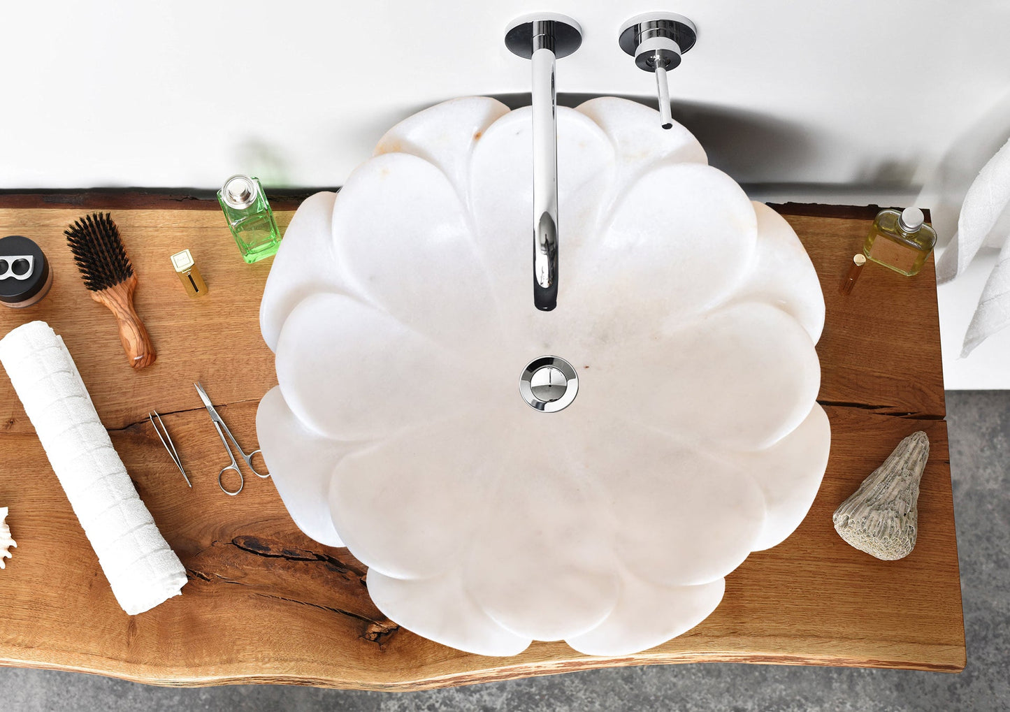 Carrara White Marble Flower Shaped Polished Vessel Sink - 17in