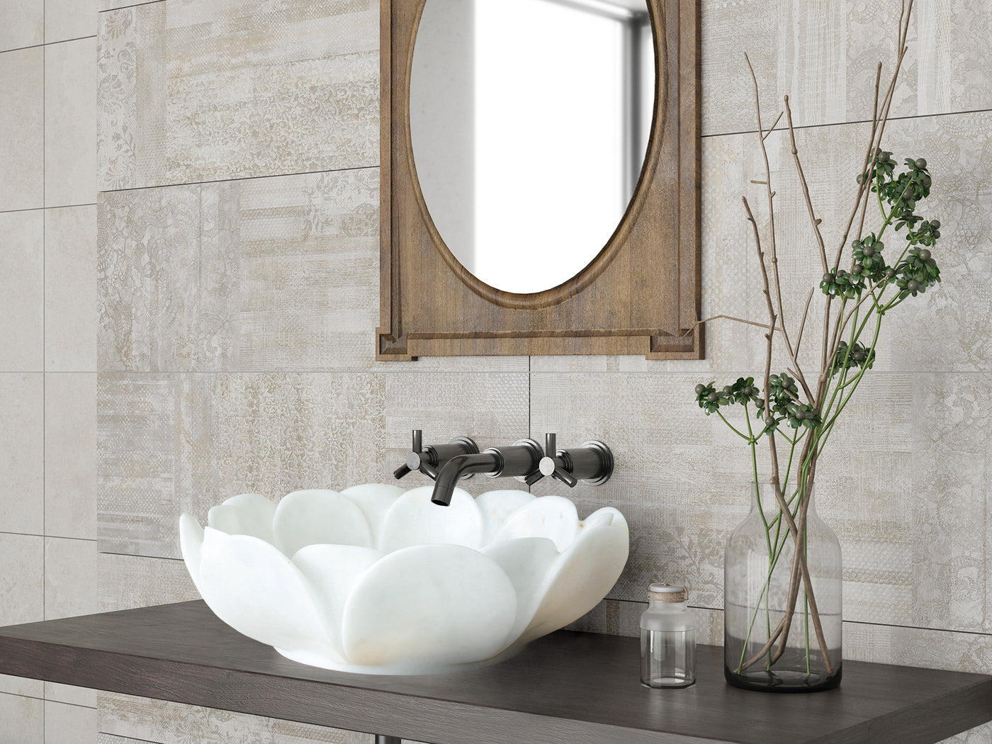 Carrara White Marble Flower Shaped Polished Vessel Sink - 17in