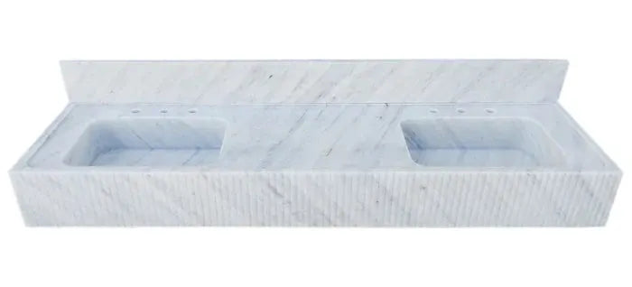 Elegant Fluted Carrara White Marble Bathroom Double Sink Wall Mounted