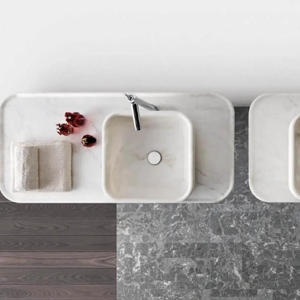 White Carrara Marble Square Vessel Sink Above Counter Handcrafted Polished