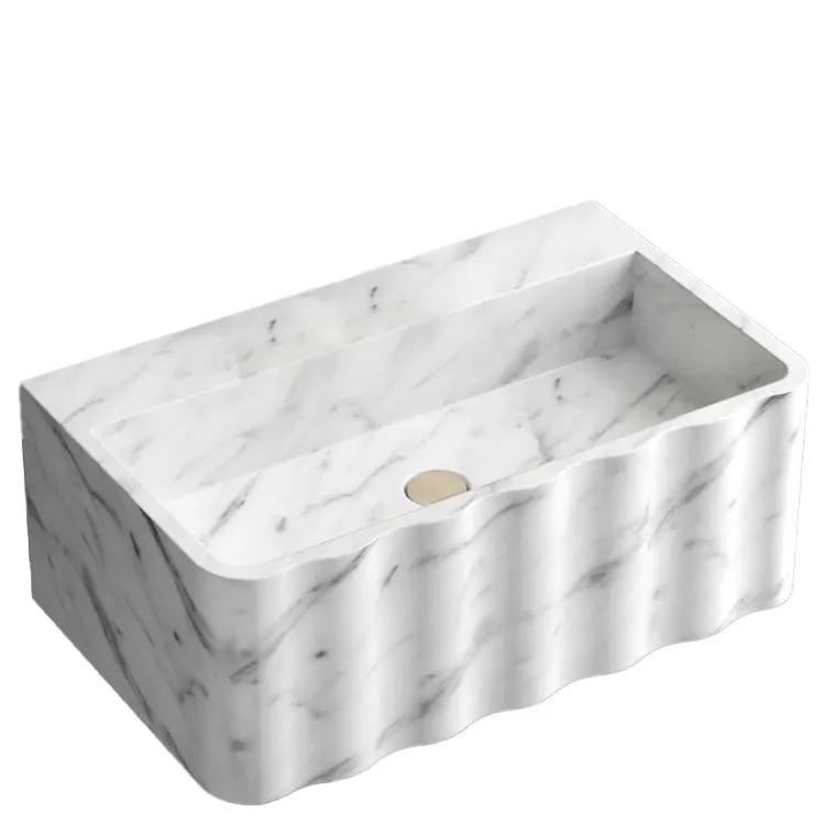 Wall Mount Carrara Marble Bathroom Sink White Fluted Design Vanity