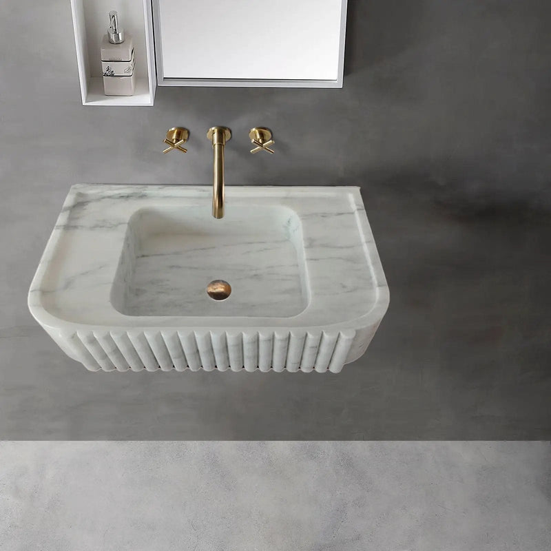 Carrara White Wall Mount Bathroom Vanity Sink With Fluted Marble