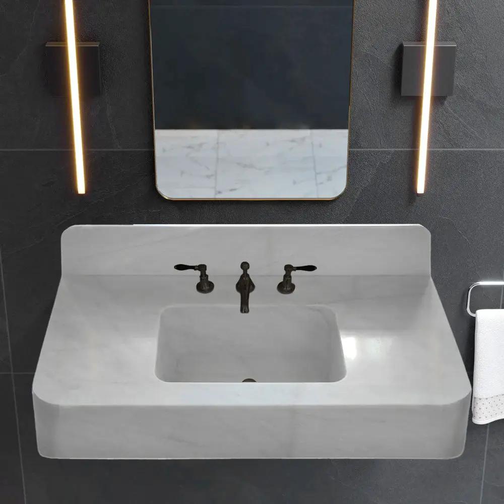 Carrara White Natural Stone Wall Mount Bathroom Sink With Backsplash 18X36