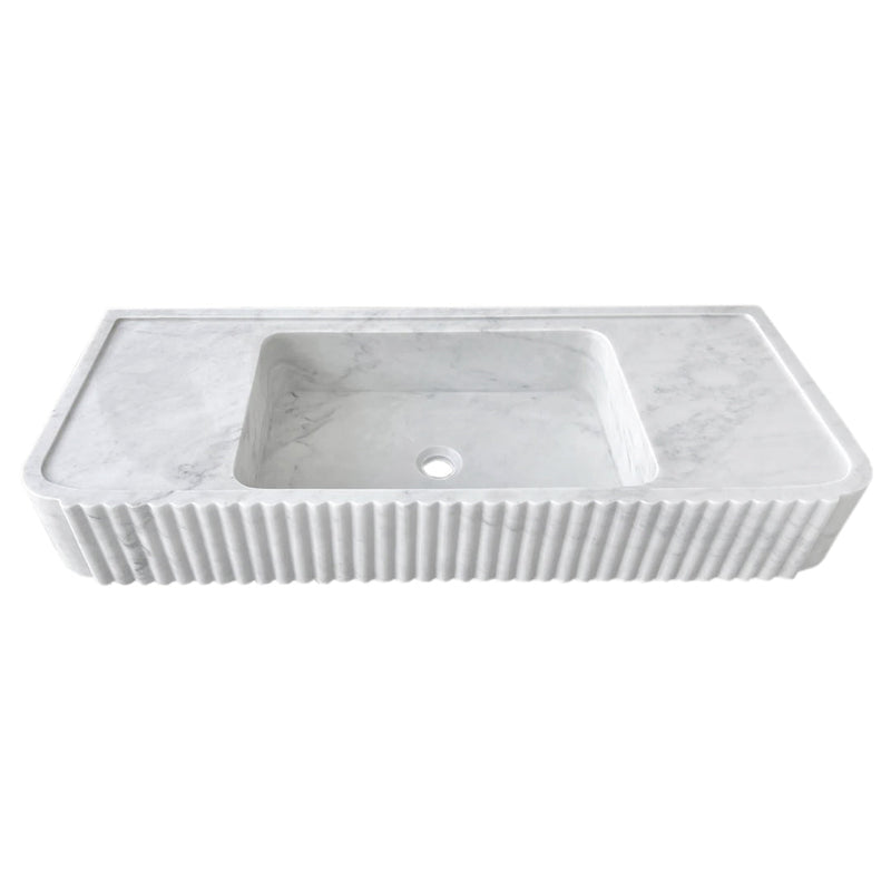 Carrara White Marble Wall Mount Bathroom Vanity Sink Polished Fluted 16 x 40 Inch