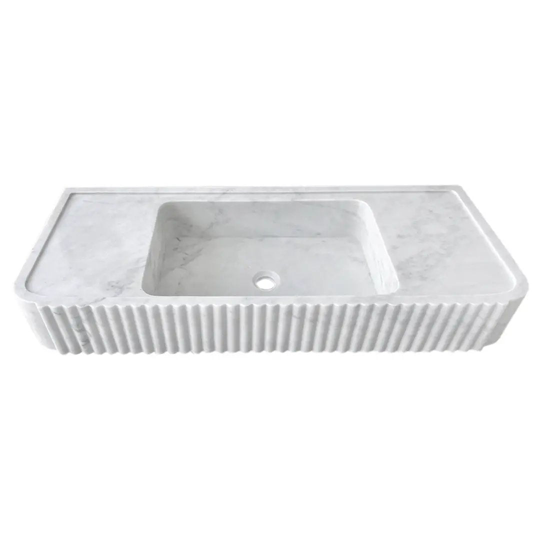 Carrara White Marble Fluted Wall Mount Bathroom Vanity Sink 16Inch