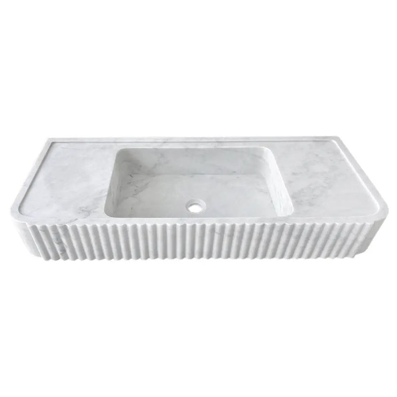 Carrara White Marble Fluted Wall Mount Bathroom Vanity Sink 16Inch