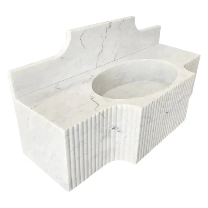 Wm4750r Fluted Modern White Marble Wall Mount Bathroom Sink 48 Inch With Backsplash