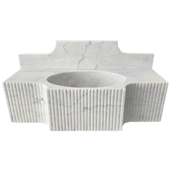 Wm4750r Fluted Modern White Marble Wall Mount Bathroom Sink 48 Inch With Backsplash