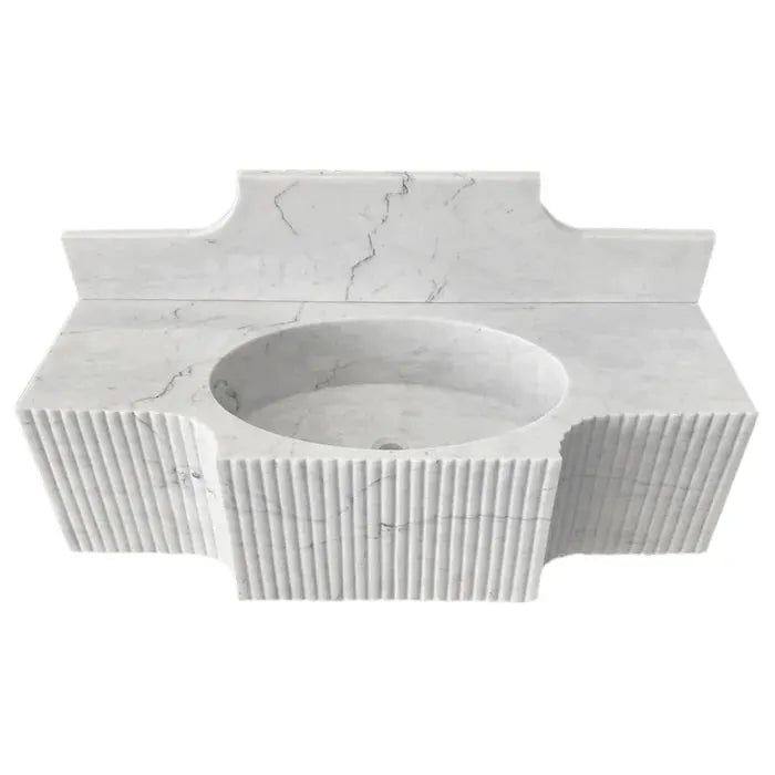 Wm4750r Fluted Modern White Marble Wall Mount Bathroom Sink 48 Inch With Backsplash