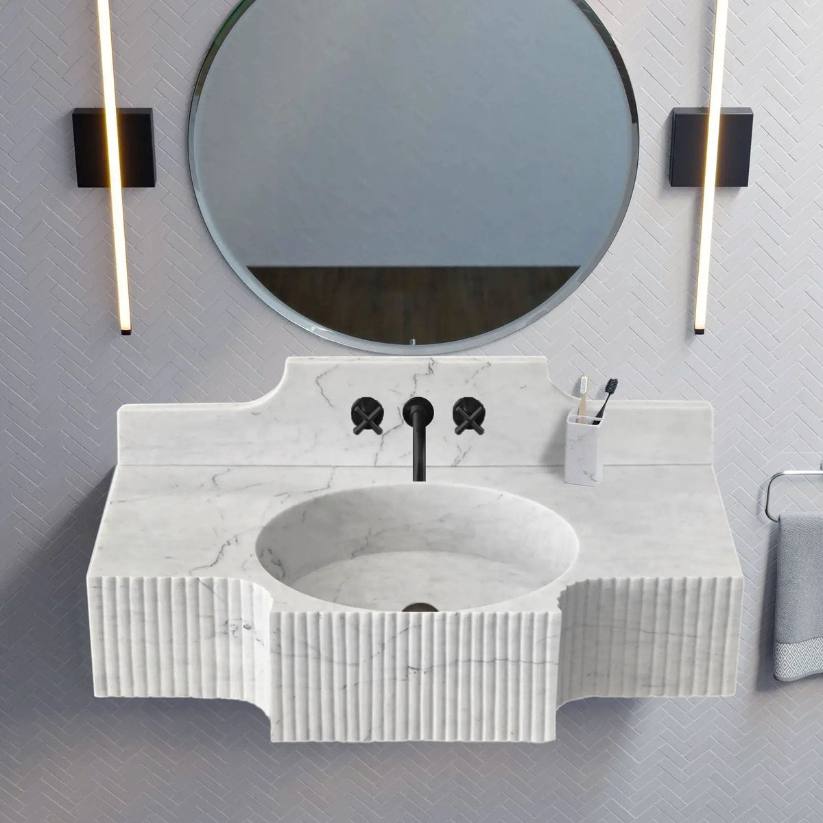 Wm4750r Fluted Modern White Marble Wall Mount Bathroom Sink 48 Inch With Backsplash
