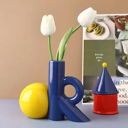 Cartoon abstract ceramic vase blue & white letter k living room decor