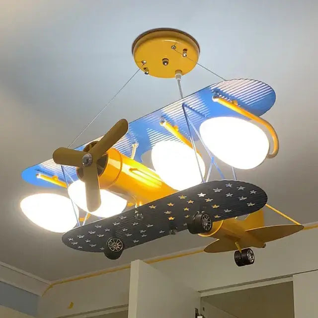 Cartoon aircraft ceiling fan blue & yellow light for bedroom