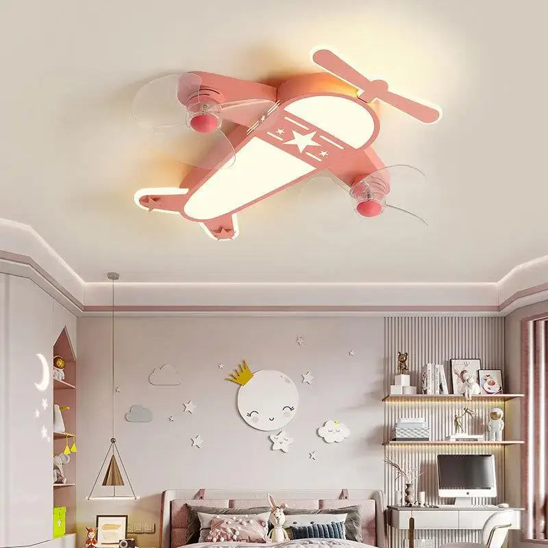 Cartoon aircraft ceiling fan blue & yellow light for bedroom