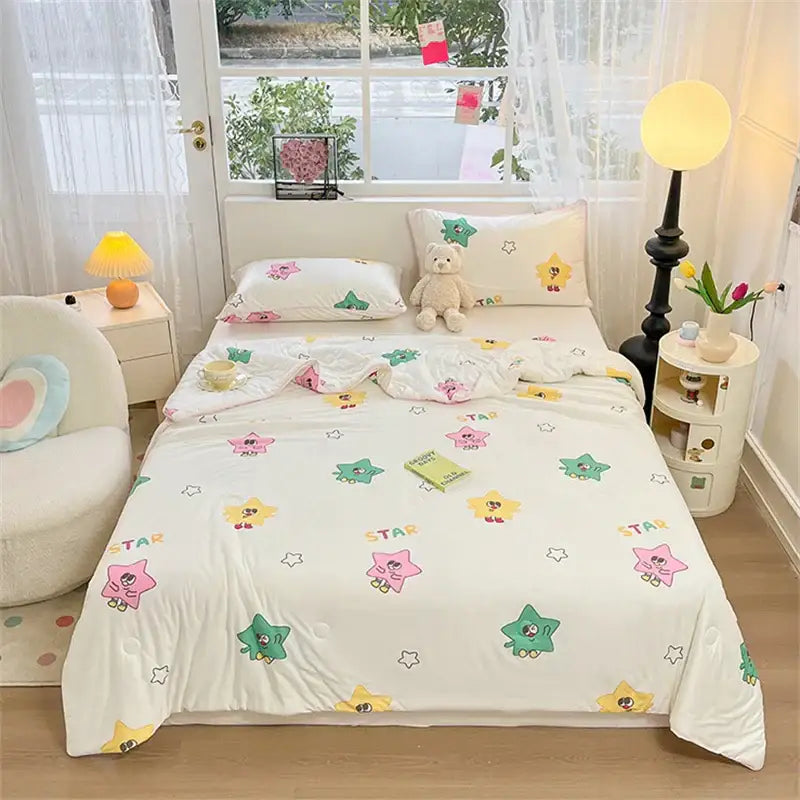 Cartoon animal cream kids summer quilt bedroom soft knitted comforter