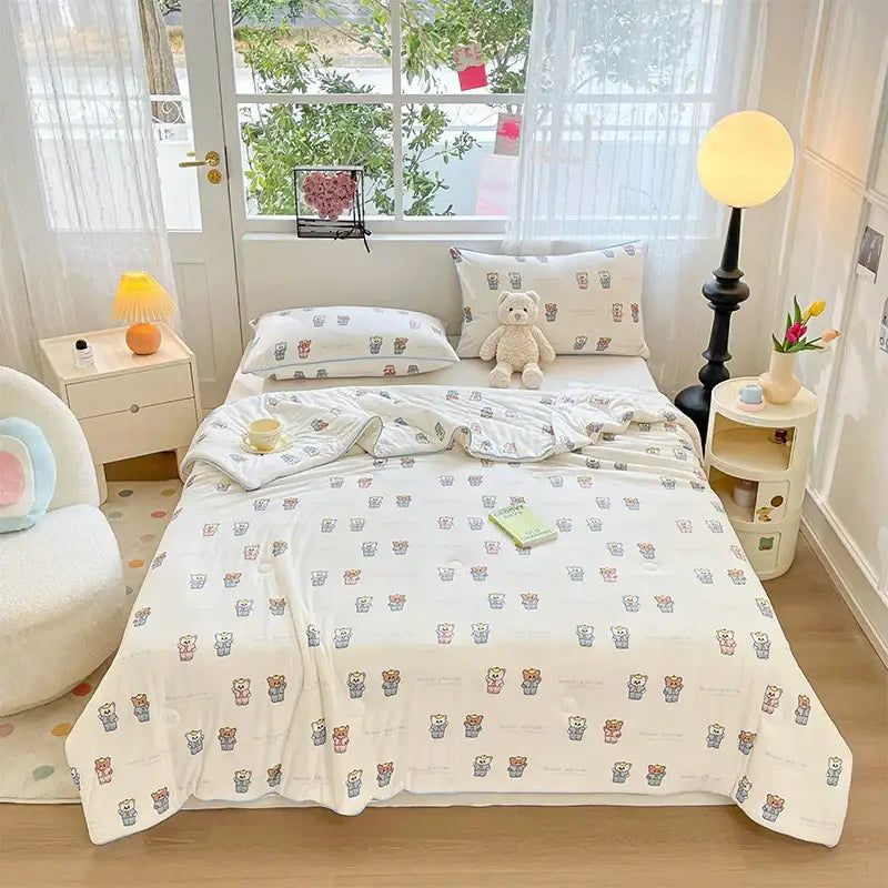 Cartoon animal cream kids summer quilt bedroom soft knitted comforter