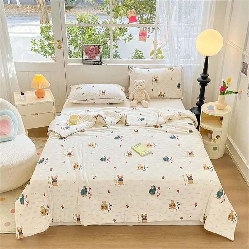 Cartoon animal cream kids summer quilt bedroom soft knitted comforter
