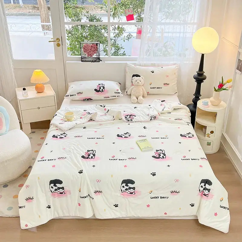 Cartoon animal cream kids summer quilt bedroom soft knitted comforter