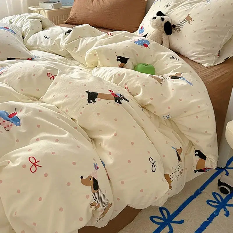 Cartoon animal cream satin quilt cover set bedroom bedding