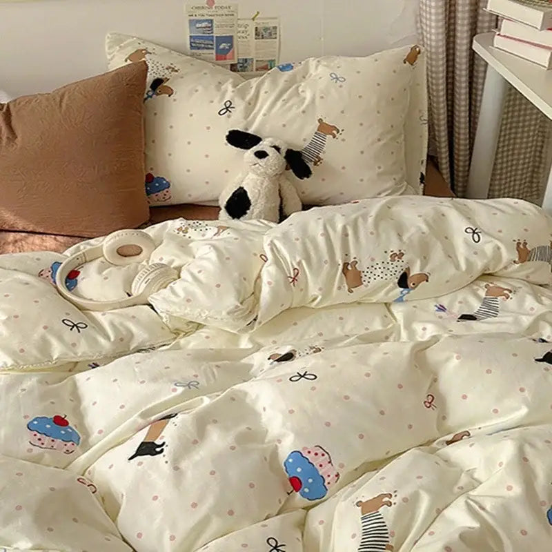 Cartoon animal cream satin quilt cover set bedroom bedding