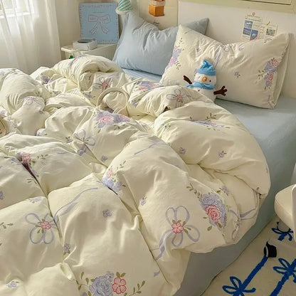 Cartoon animal cream satin quilt cover set bedroom bedding