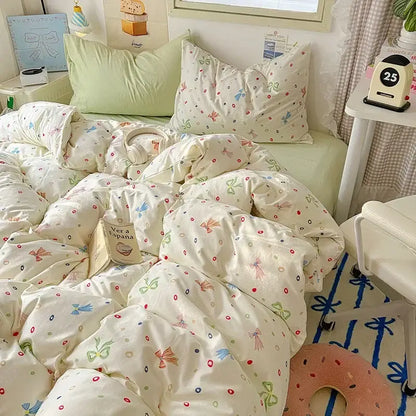 Cartoon animal cream satin quilt cover set bedroom bedding