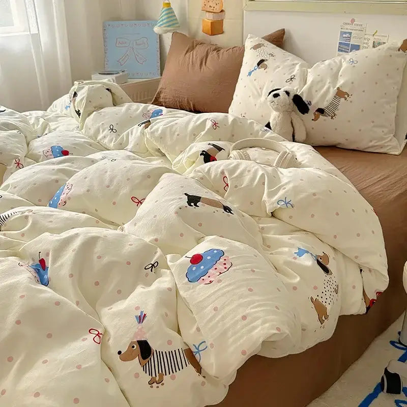 Cartoon animal cream satin quilt cover set bedroom bedding