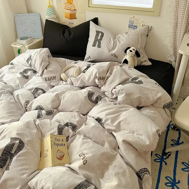 Cartoon animal cream satin quilt cover set bedroom bedding