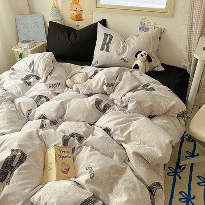 Cartoon animal cream satin quilt cover set bedroom bedding