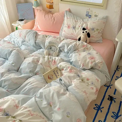 Cartoon animal cream satin quilt cover set bedroom bedding