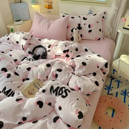 Cartoon animal cream satin quilt cover set bedroom bedding