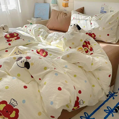 Cartoon animal cream satin quilt cover set bedroom bedding