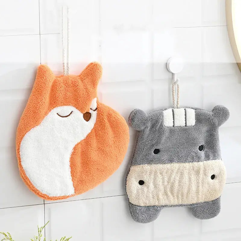 Cartoon animals coral velvet hand towel orange & gray bathroom decor