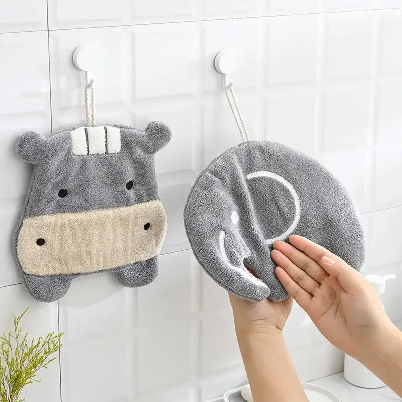 Cartoon animals coral velvet hand towel orange & gray bathroom decor